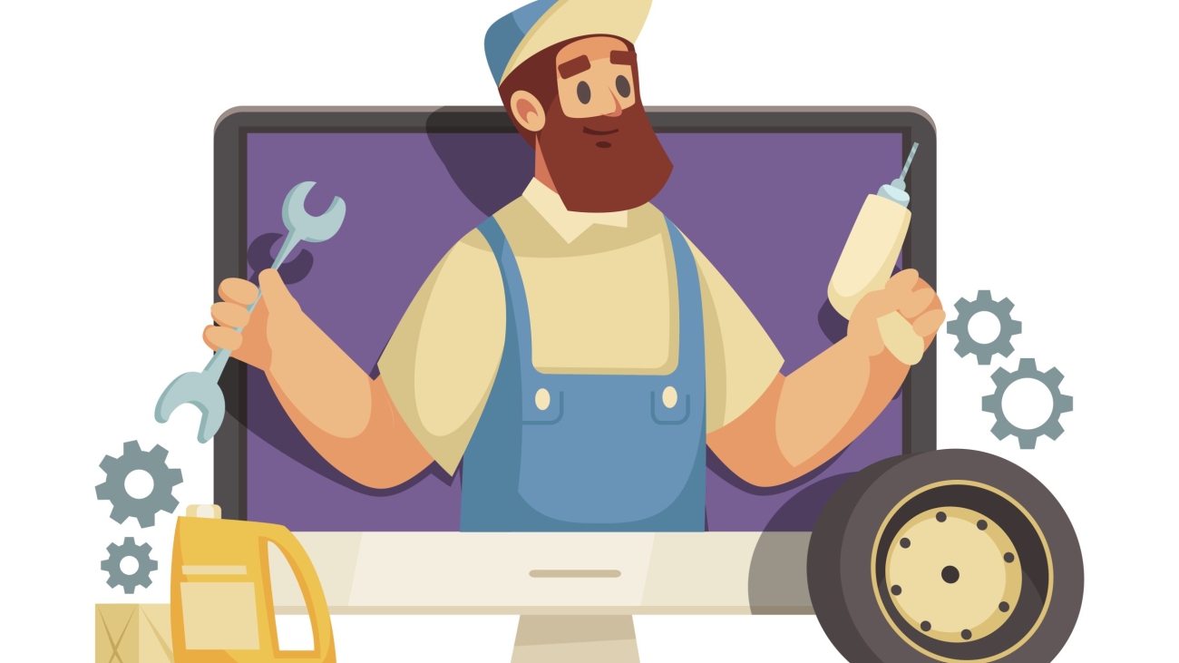 Do it yourself video blogger cartoon icon with character of mechanic on computer screen vector illustration