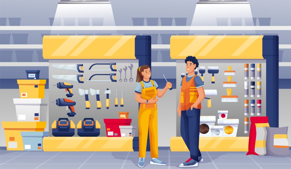 People in hardware shop, woman assistant standing and talking to man. Tools and materials store interior design panorama with drills, toolkits, hammers, screwdrivers.