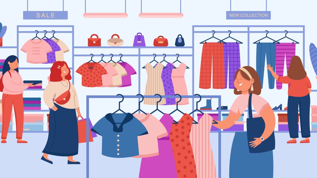 Girls choosing modern clothes in store flat vector illustration. Female consumers doing purchases, buying dresses and apparels.  Fashion, garment, retail, style concept